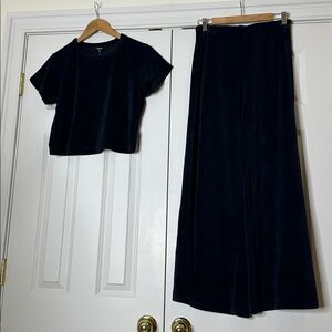 ME+EM Black Velvet Crop Top and Wide Leg Pants Set